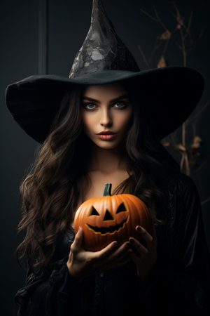 Beautiful young woman in black witch halloween costume with pumpkinの素材