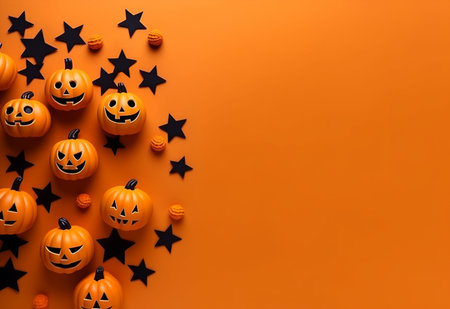Halloween pumpkins with stars on orange background top view copy spaceの素材