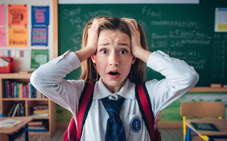 Upset schoolgirl holding her head and looking at camera in classroomの素材