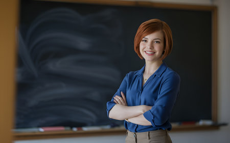 Portrait of a young businesswoman standing in front of a blackboardの素材