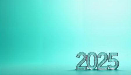 Happy New Year 2025. 3D rendering of metallic numbers on green backgroundの素材