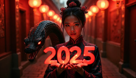 Beautiful asian woman in kimono holding 2025 year numberの素材