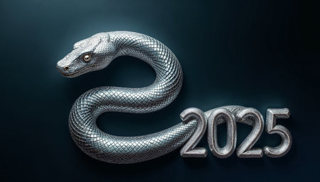 New year 2025 concept. Silver snake on black background. 3D renderingの素材