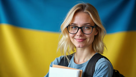 Young female student with books and backpack on the background of the Ukrainian flagの素材