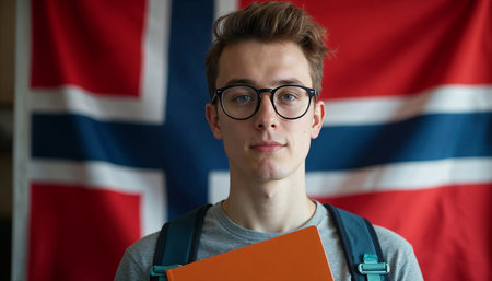 Portrait of young student with books on the background of the Norway flagの素材