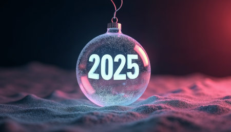 3D rendering of a Christmas ball with the text 2025 on it.の素材