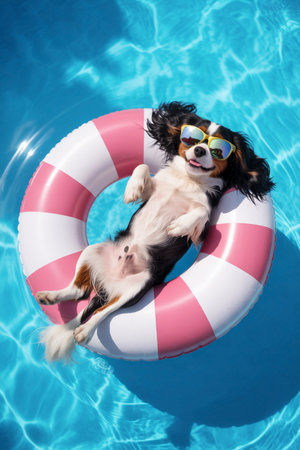 Cute dog in swimming pool with inflatable ring and sunglasses.の素材