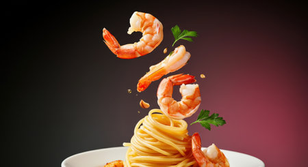 Tasty appetizing classic Italian pasta with flying shrimpsの素材