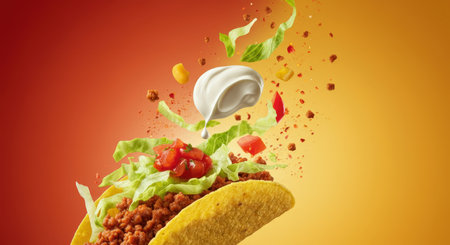 Close up of tasty taco with vegetables and sour cream. Mixed mediaの素材