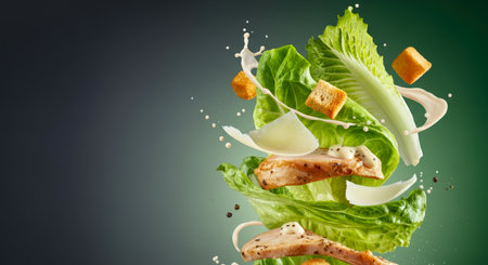 Caesar salad with chicken and parmesan cheese on dark backgroundの素材