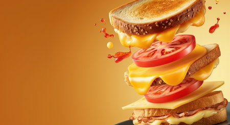 Cheese burger with flying ingredients on orange background. 3d renderingの素材