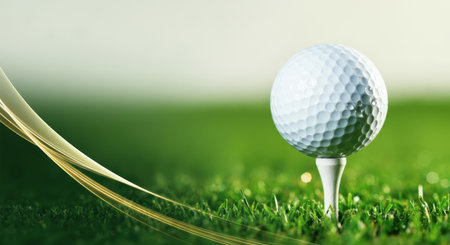 Golf ball on green grass with bokeh background and copy spaceの素材