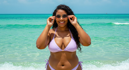 Beautiful african american woman in bikini and sunglasses on the beachの素材