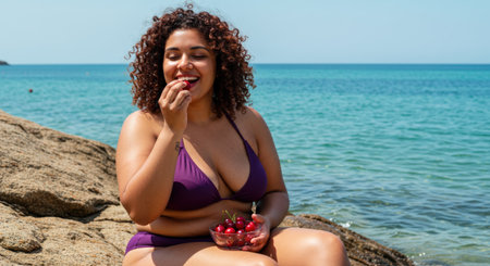 Young woman eating cherries on the beach. Focus on cherriesの素材