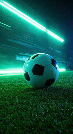 Soccer ball on the green field with neon lights. 3D renderingの素材