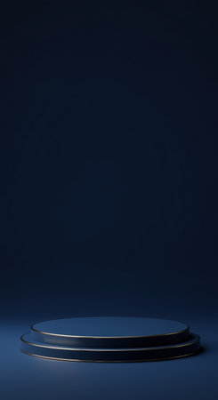 Black podium on dark blue background. 3d rendering. Mock up.の素材