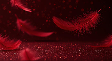 Red feathers on a dark background with bokeh effect. 3d renderingの素材