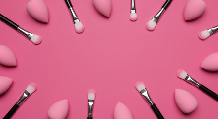 Makeup brushes arranged in a circle on a pink background with copy spaceの素材