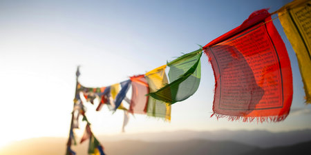 Buddhist prayer flags in the morning. Selective focus.の素材
