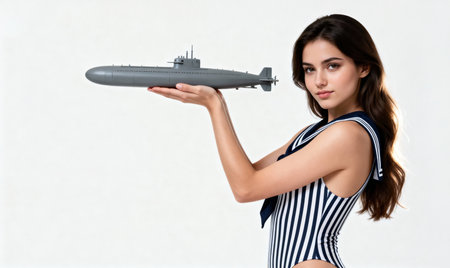 Beautiful girl in a striped dress with a toy submarine on a white backgroundの素材