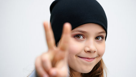 Portrait of a cute little girl in a black hat showing victory signの素材
