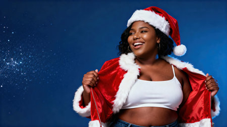 Beautiful african american woman wearing santa claus clothesの素材