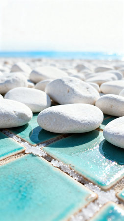 White pebbles on the beach with turquoise water.の素材