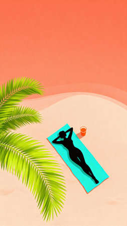 Vector illustration of a woman silhouette in swimsuit on the beach.の素材