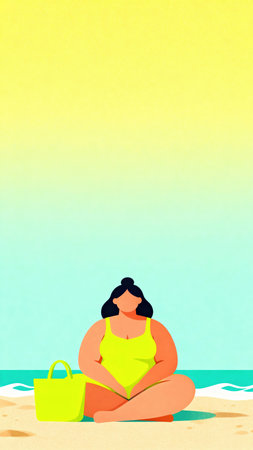 Fat woman sitting on the beach and reading a book. Vector illustration.の素材