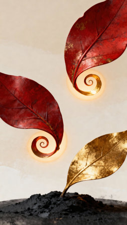 Red and gold leaves on the background of a white wall with a lightの素材
