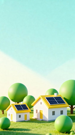 3d render of a house with solar panels on the green grassの素材