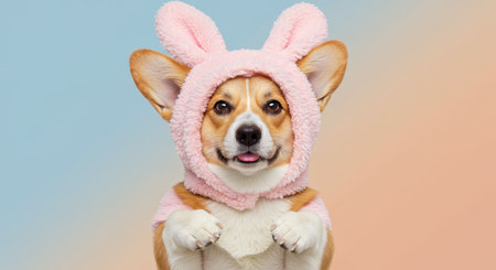 Cute welsh corgi dog wearing a pink knitted hat and scarfの素材