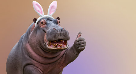 Hippopotamus with rabbit ears and thumbs up, 3d renderの素材