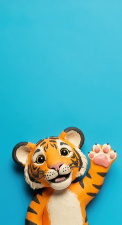 Cute tiger toy on blue background with copy space for text.の素材