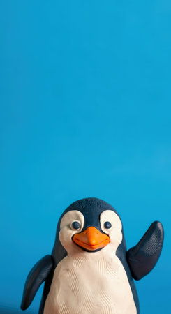 Penguin figurine on blue background with space for text.の素材