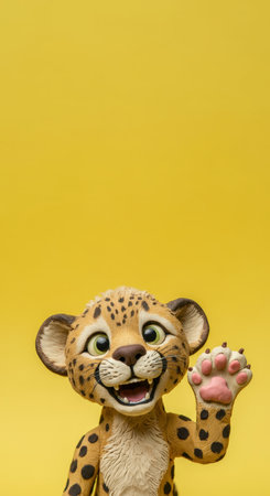 Cheetah doll isolated on yellow background with copy space for textの素材