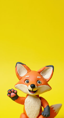 Cute fox made of plasticine on yellow background with copy spaceの素材