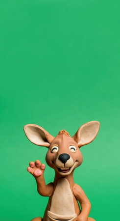 Wooden toy kangaroo on a green background with copy spaceの素材