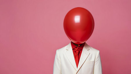 Red balloon head mannequin in a white suit on a pink backgroundの素材