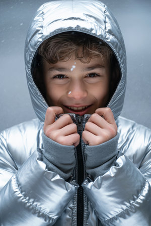 Portrait of a boy in a winter jacket with a hood.の素材