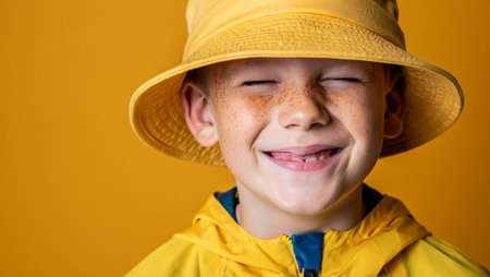 Close-up portrait of a boy in a yellow hat and a yellow jacket on a yellow backgroundの素材