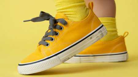 Yellow sneakers on the girl's leg on a yellow background close-upの素材