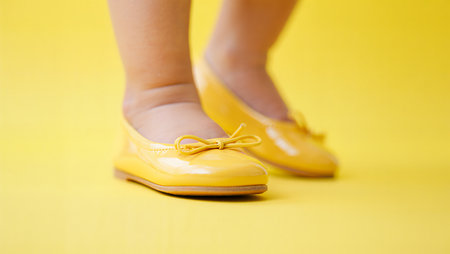 Close-up of child's legs in yellow shoes on yellow backgroundの素材
