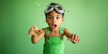 Portrait of a boy playing with confetti on a green backgroundの素材