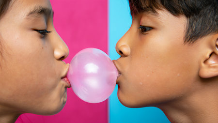 Portrait of a boy and girl blowing bubblegum on colorful backgroundの素材