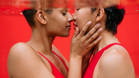 Young beautiful asian lesbian couple kissing under rain drops on red backgroundの素材