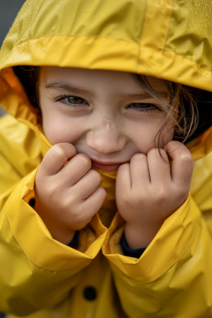 Portrait of a cute little girl in a yellow raincoat.の素材