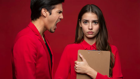 Young couple in love holding a folder and looking at each other on a red backgroundの素材