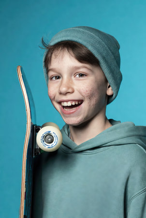 Smiling boy with skateboard on a blue background in the studioの素材