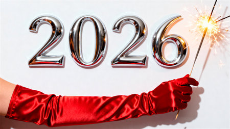 Hand in red glove holding sparkler and numbers 2026 on white backgroundの素材